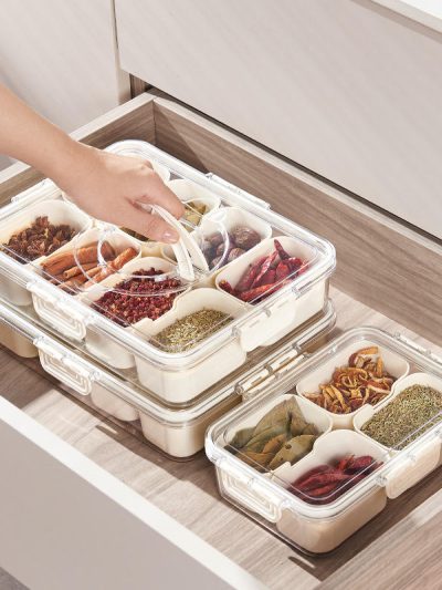 8 Compartment Spice and Masala Box with Lids | Transparent Kitchen Organizer with Handle and Separator Drawers