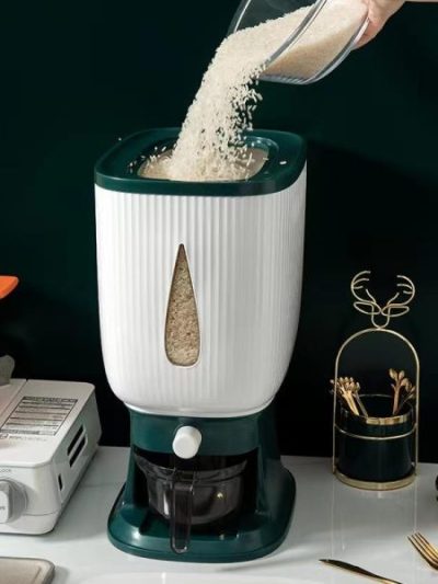 Automatic Rice Dispenser with Cup | Large Grain and Dry Food Storage Container | Household Rice Storage Box (A-Green)